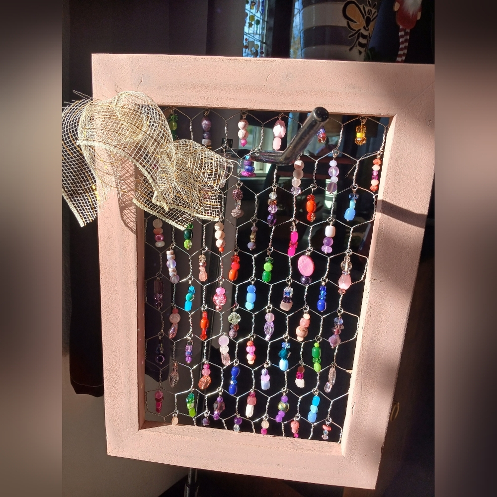 Handmade Beaded Jewelry Display Frame - Pink with Multicolor Beads